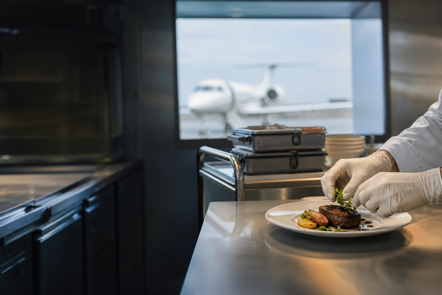 Private jet catering team preparing a cabin-ready meal