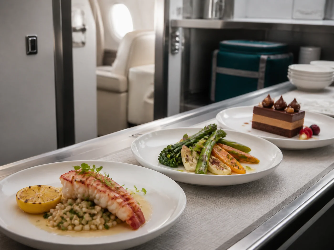 Gourmet meals prepared for private jet cabin service