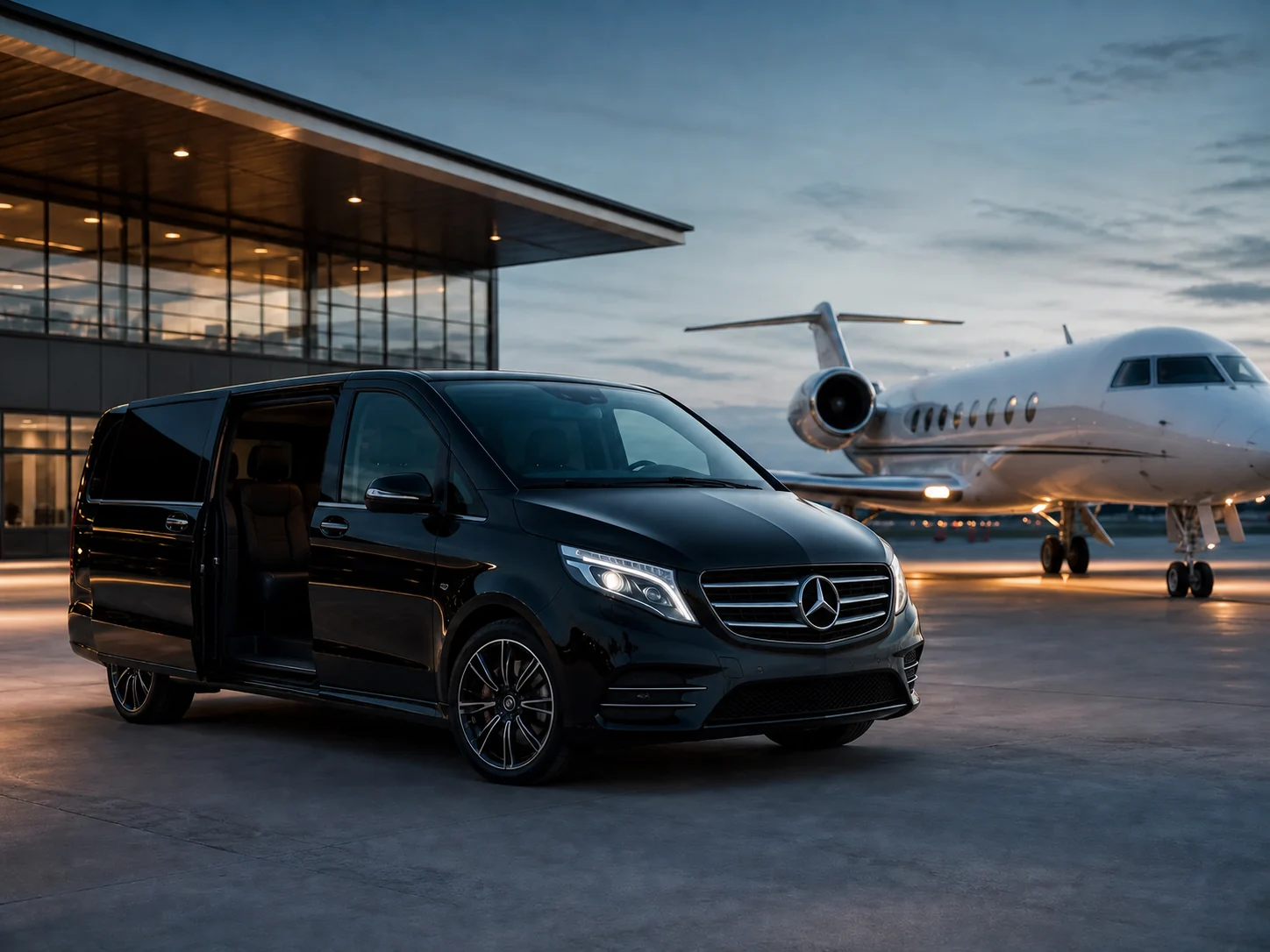Mercedes-Benz Vito VIP transfer beside a private jet